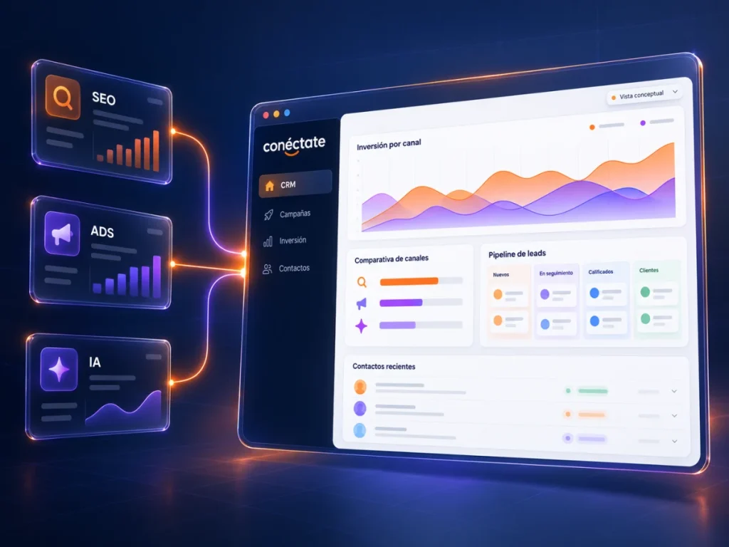 Vista conceptual del futuro CRM: SEO, anuncios e IA conectados al control de inversión y seguimiento de contactos.